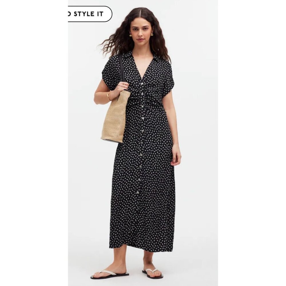 Madewell $148 Button-Front Midi Shirtdress in Floral Black Size 6 NR021